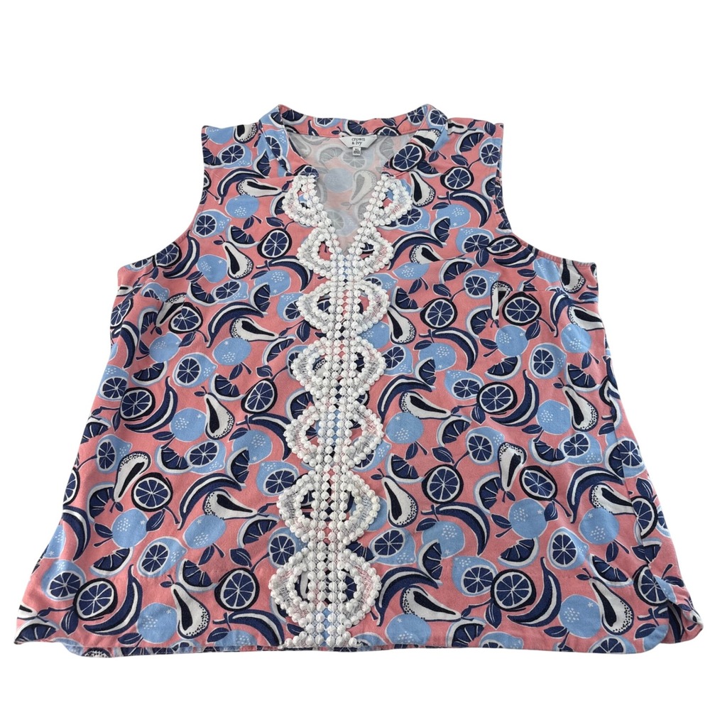 Crown & Ivy XL Pink Blue Citrus Fruit Print Crochet Lace Trim Sleeveless Top